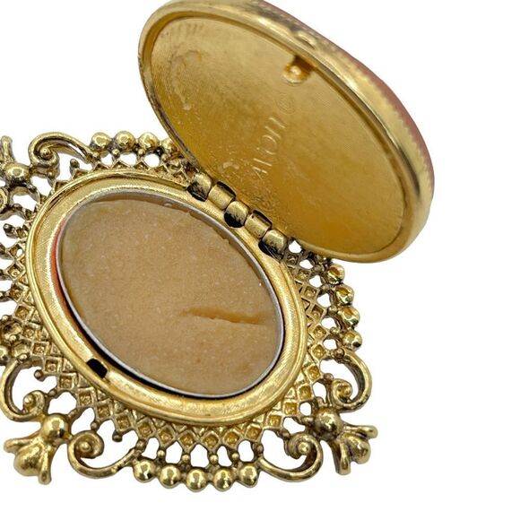 Vintage Avon Cameo Glace Brooch Pin Locket Gold Tone Filigree Trim Women - Picture 7 of 15